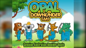 OPAL DOWNUNDER TAKIのロゴと、オーバーオールを着た犬・コアラ・クマ・カンガルー・カバのキャラクターが並ぶバナー