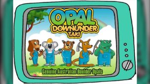 テレビの画面の中に描かれた OPAL DOWNUNDER TAKI のロゴと、作業着を着た犬・コアラ・クマ・カンガルー・カバのキャラクターたち